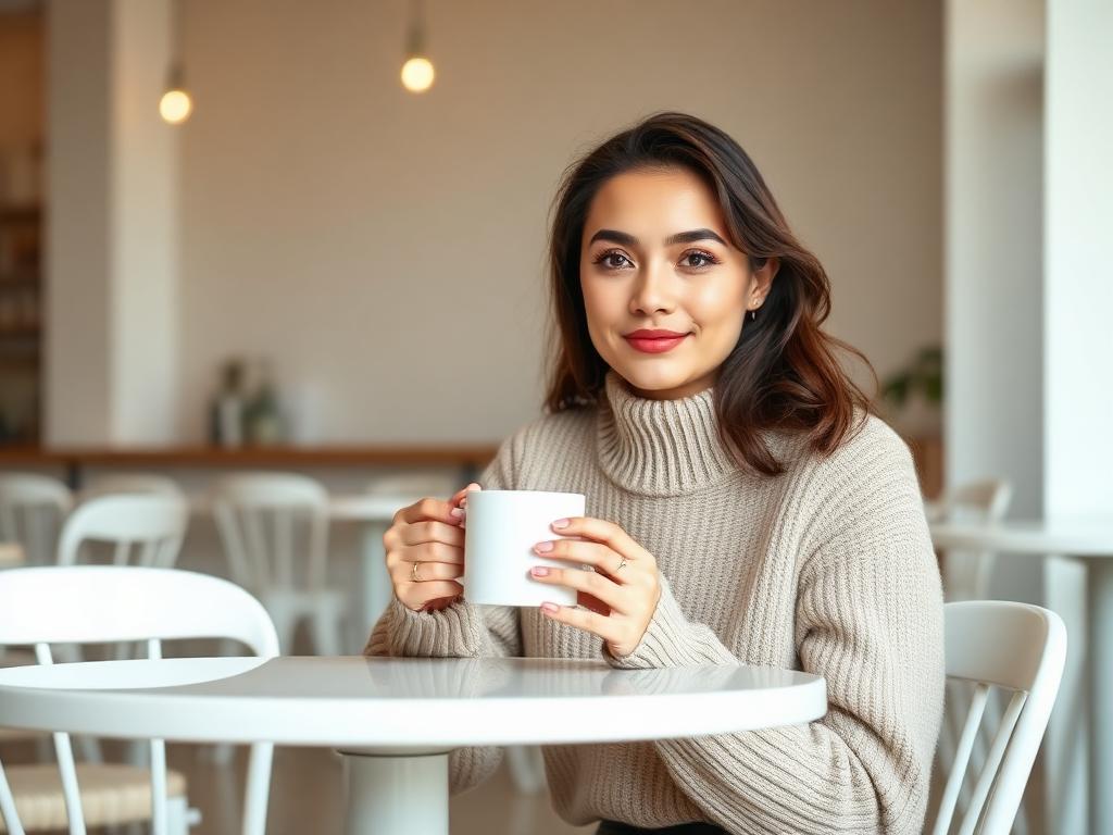 Generic stock photo of a woman holding a plain coffee mug in a bland café