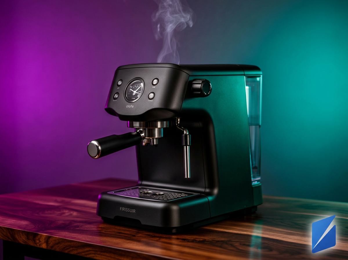Volteruno brand-matched product photo: matte-black espresso machine on walnut wood with purple and teal brand lighting and subtle logo watermark
